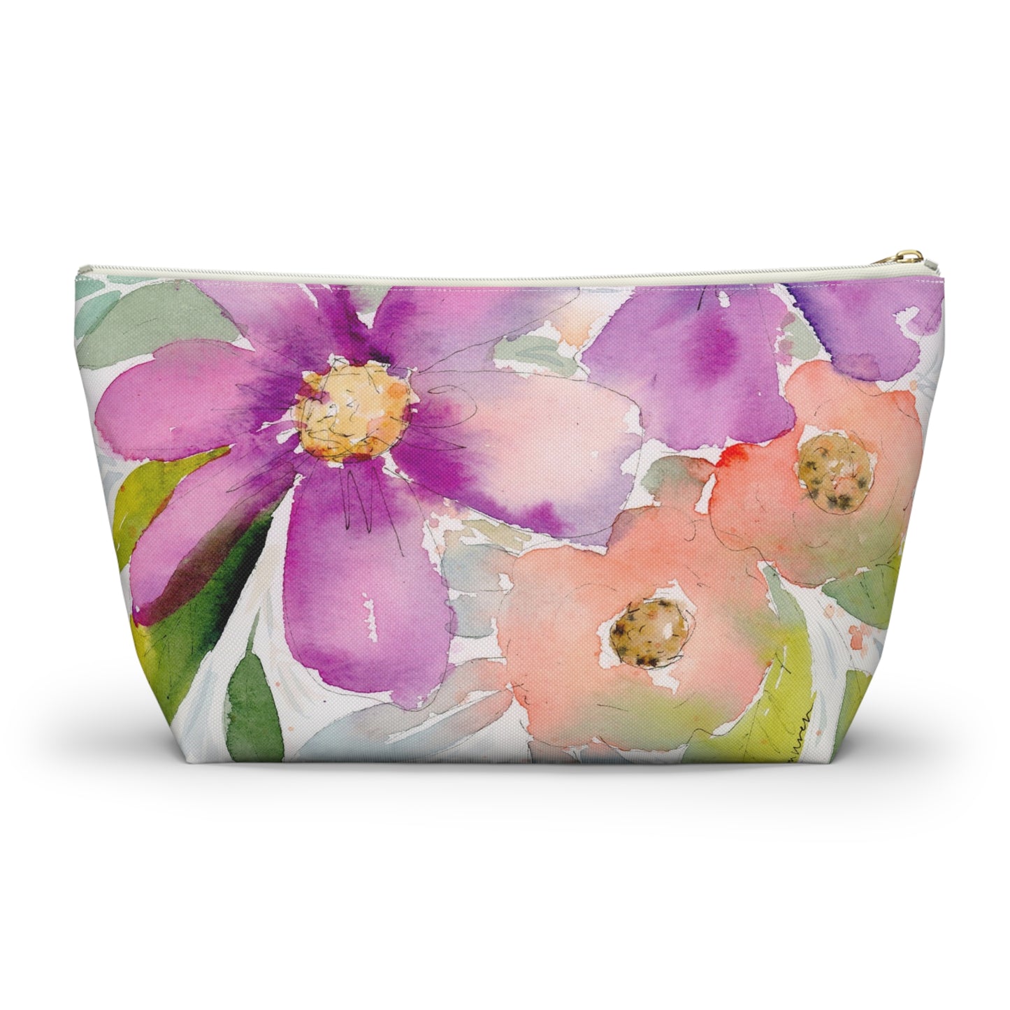 Purple & Peach Flower Zipper Bag, Watercolor Accessory Pouch w T-bottom, Small Zipper Bag for Organization, Makeup Case, School Supplies