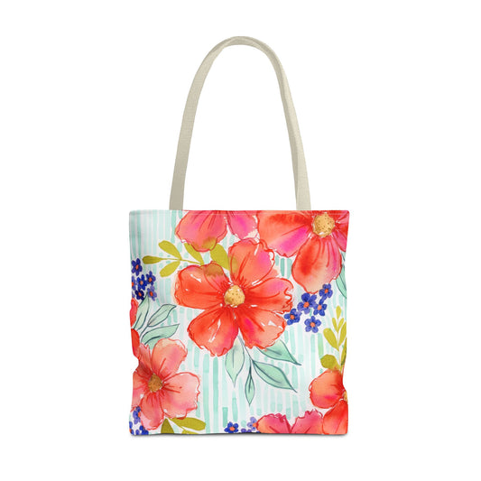 Citrus Splash Floral Striped Tote Bag, Petals & Pinstripe Collection, Orange and Aqua Floral Bag