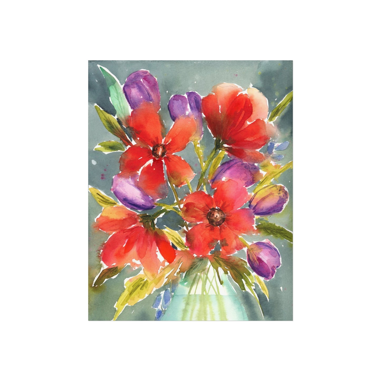 Loose Red Floral Print, Red Floral Watercolor Fine Art Print, Red Flowers with Purple Blooms