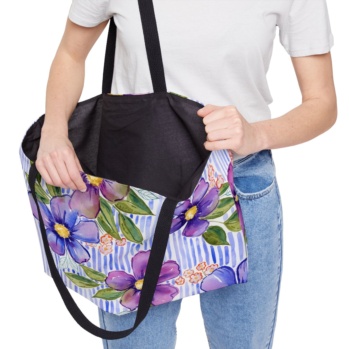 Lavender Lane Weekender Tote, Striped Floral Bloom Watercolor Weekender Tote Bag