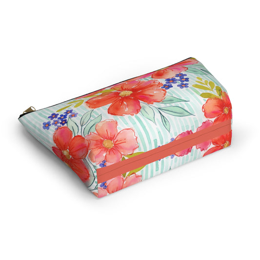 Citrus Splash Zip Pouch, Aqua Striped Orange Floral Organizer