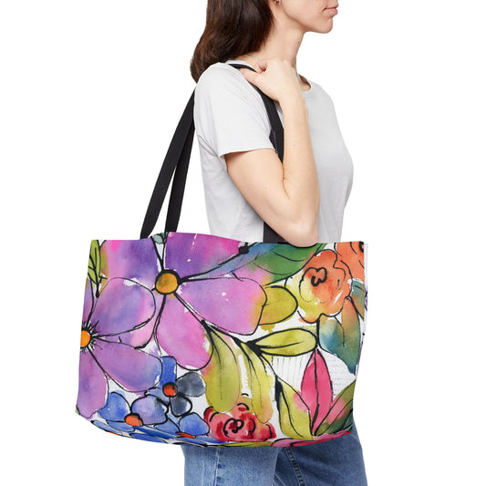 Colorful Floral Weekender Tote Bag - Large Watercolor Painted Tote, Great Gift for Mom, Teachers, Graduation - Travel Tote