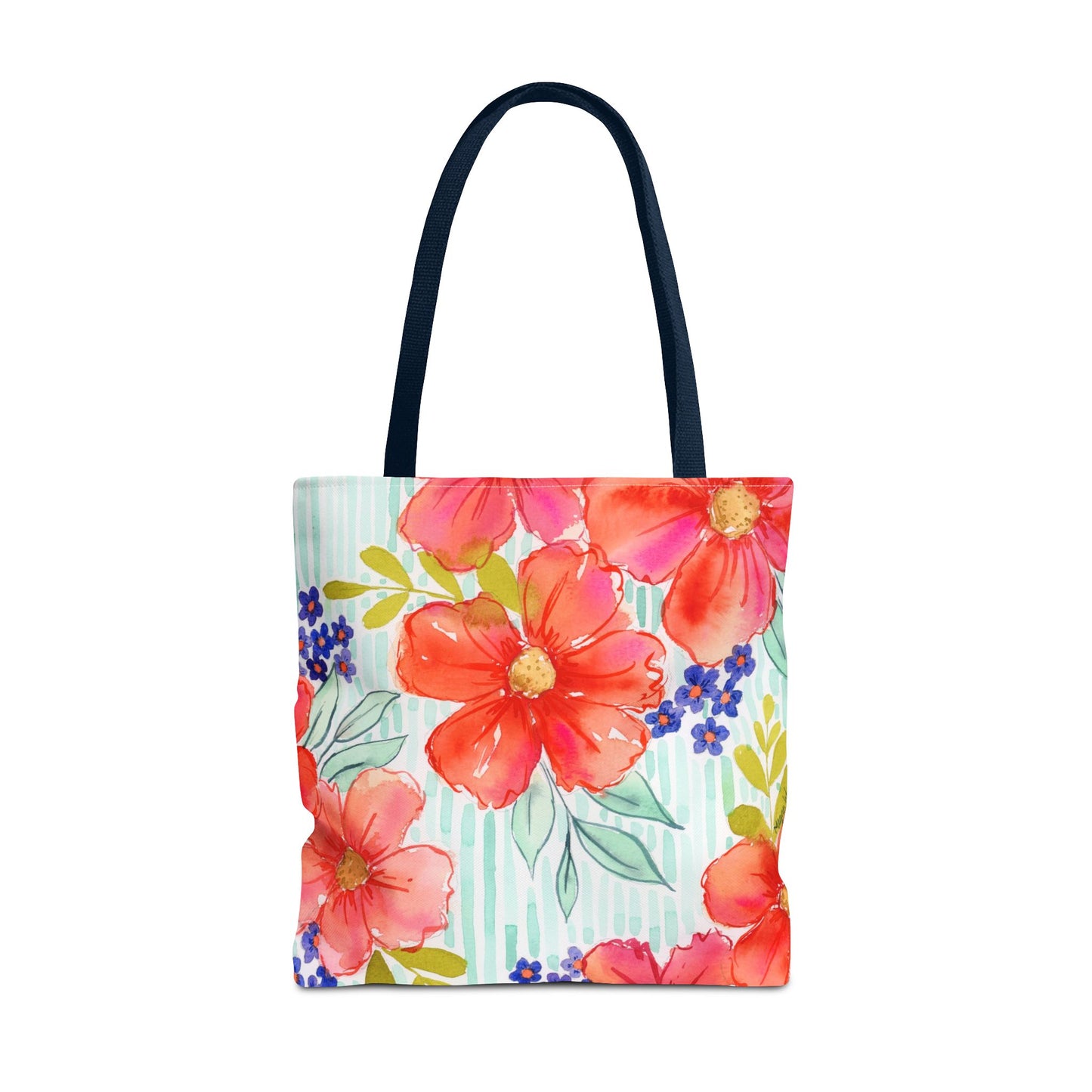 Citrus Splash Floral Striped Tote Bag, Petals & Pinstripe Collection, Orange and Aqua Floral Bag