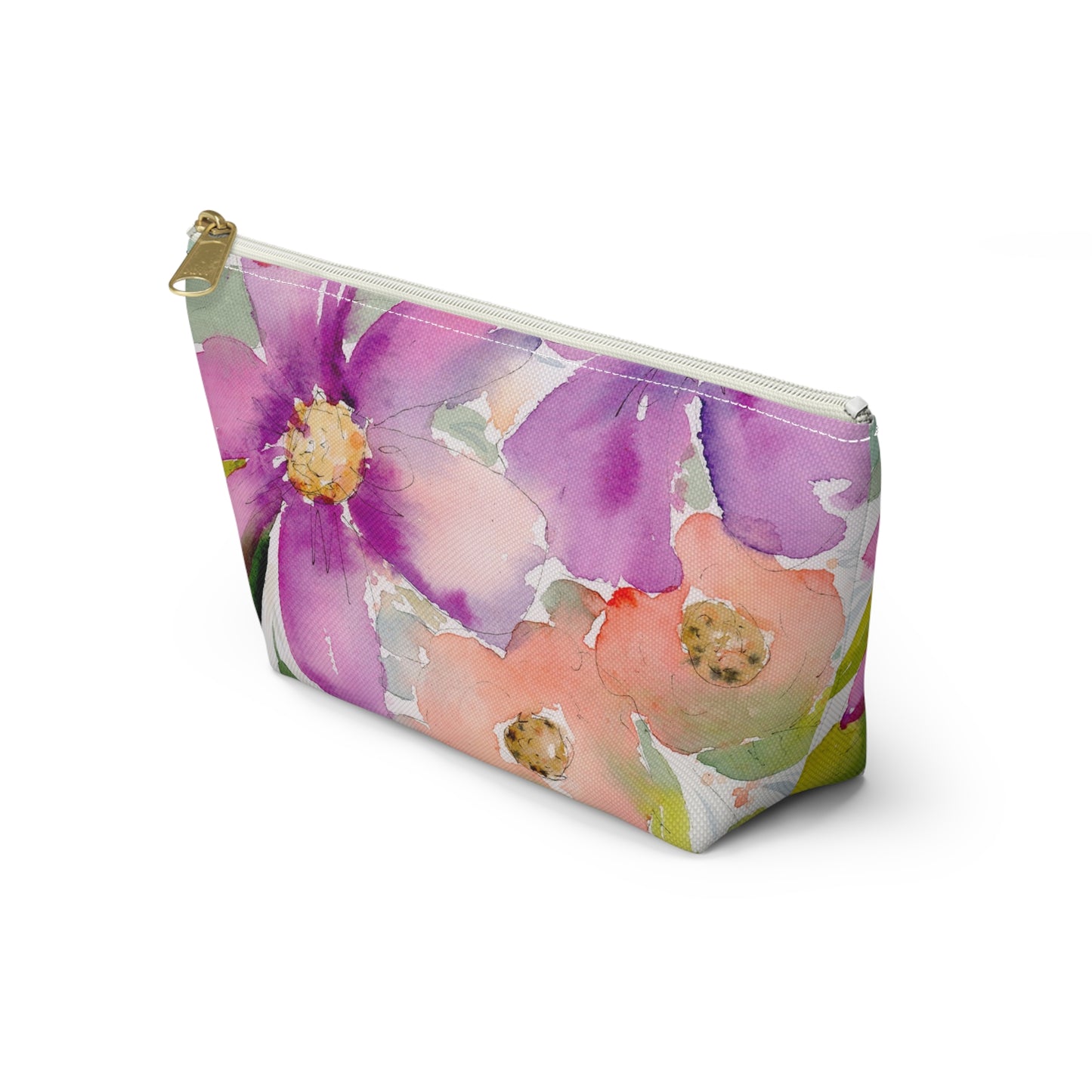 Purple & Peach Flower Zipper Bag, Watercolor Accessory Pouch w T-bottom, Small Zipper Bag for Organization, Makeup Case, School Supplies