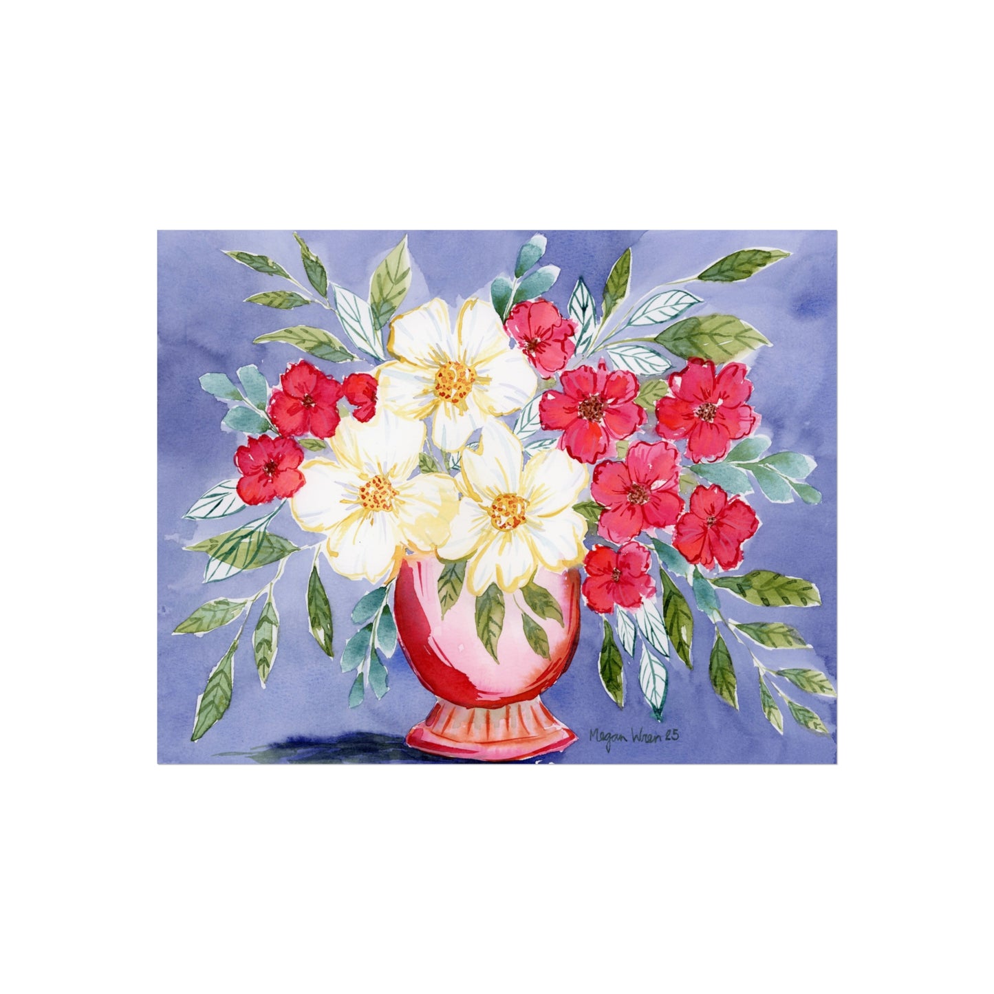 Colorful Bloom Print, White Blooms Watercolor Fine Art Print, Cranberry Color, with Big White Blooms Print