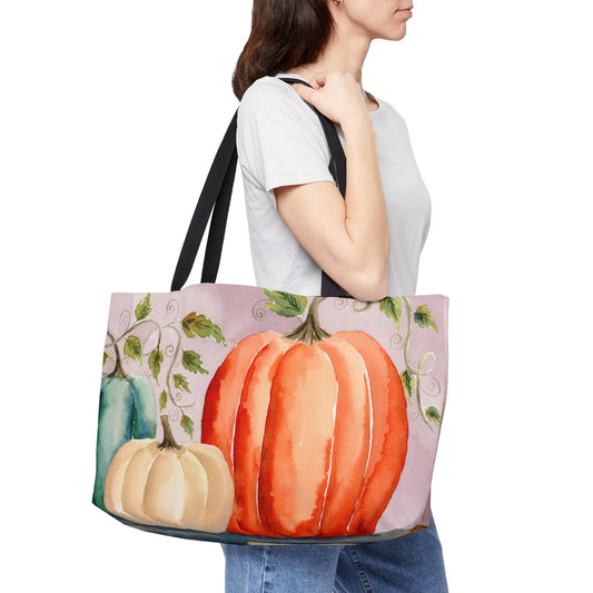 Fall Pumpkin Weekender Tote Bag - Large Watercolor Painted Tote, Great Gift for Mom, Teachers, Graduation - Travel Tote, Collage Bag,