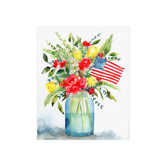 American Floral Watercolor Print, Patriotic Watercolor Print, Original Art Print, Red, White, and Blue Watercolor Flowers, with American Flag, Fine Art Prints