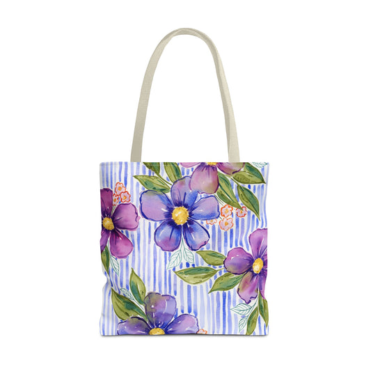Lavender Lane Floral Striped Tote Bag, Petals & Pinstripe Collection, Lavender, Purple, Blue and Violet Hues Floral Bag