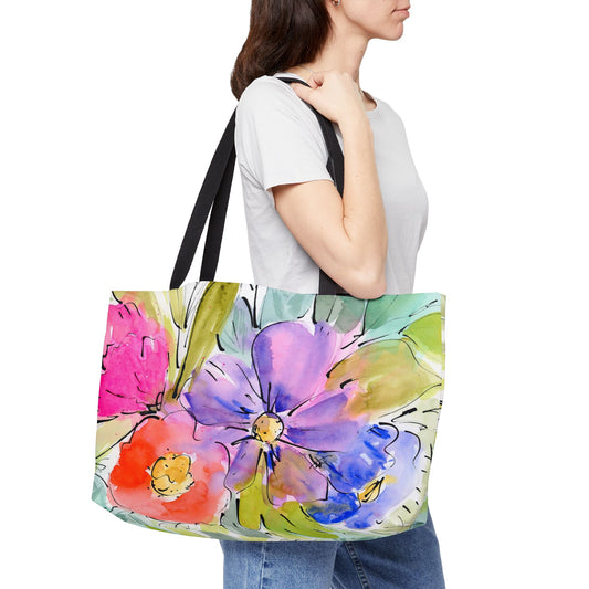 Watercolor Floral Weekender Tote Bag - Large Watercolor Painted Tote, Great Gift for Mom, Teachers, Graduation - Travel Tote, Collage Bag,