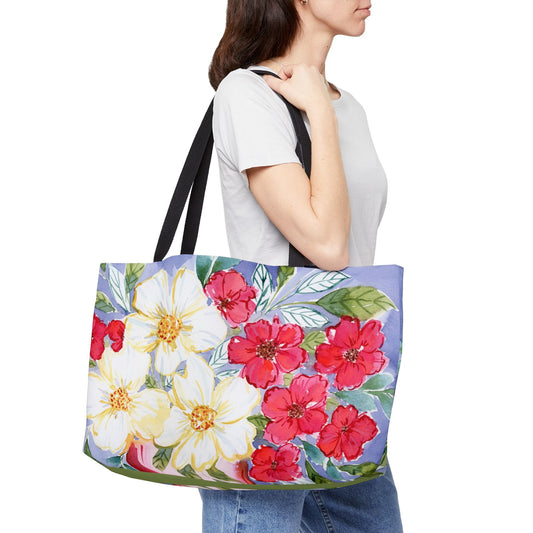 Red, White & Bloom Floral Weekender Tote Bag - Large Watercolor Painted Tote