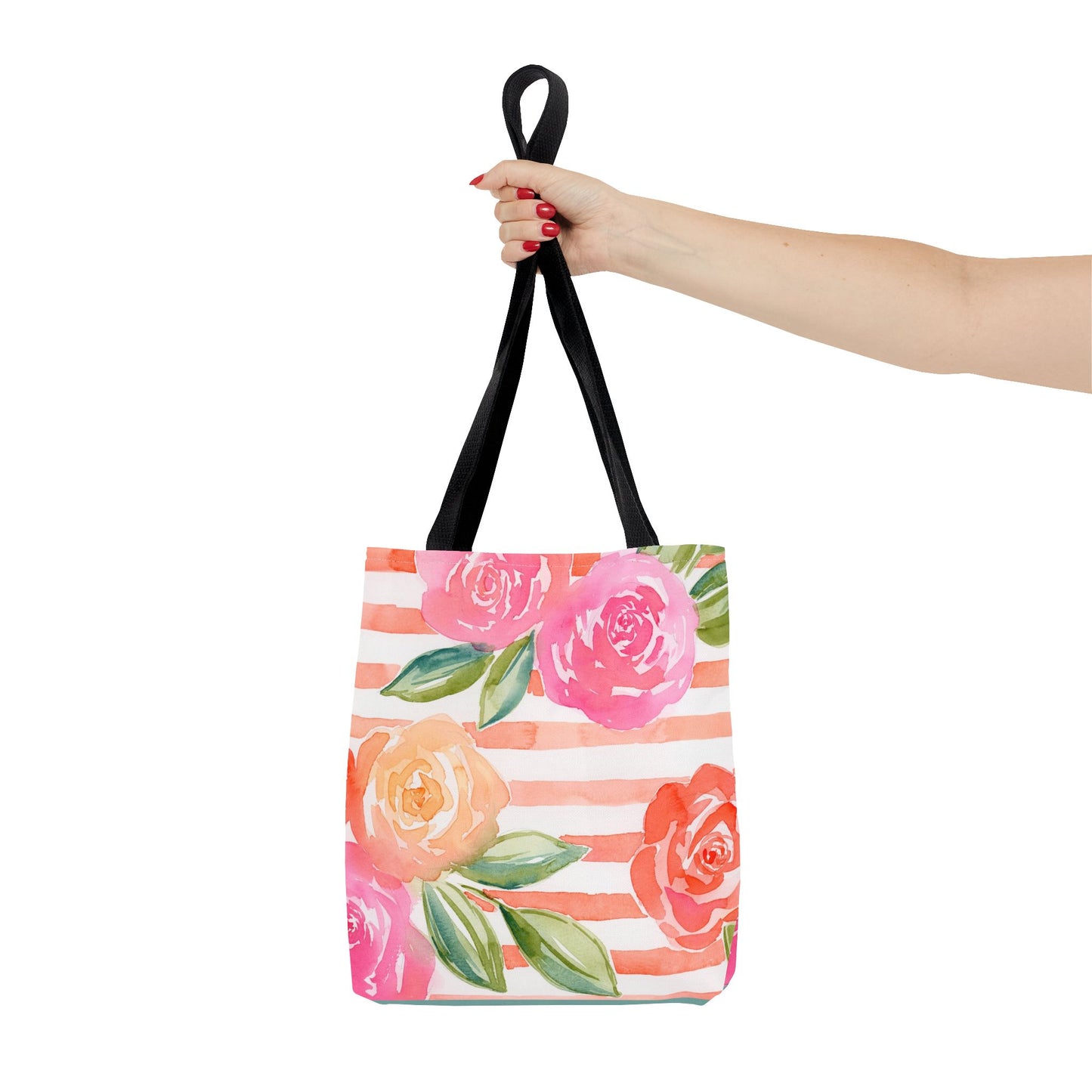 Peachy Keen Floral Striped Tote Bag, Petals & Pinstripe Collection, Peach, Pink, Green Floral Bag