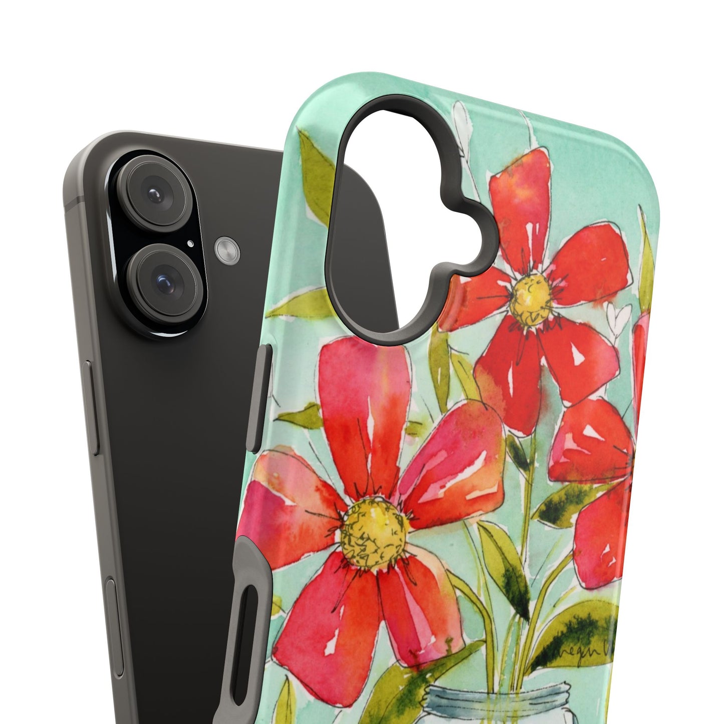 Watercolor Blooms Phone Case, Magnetic Red Flowers in Jar Phone Case