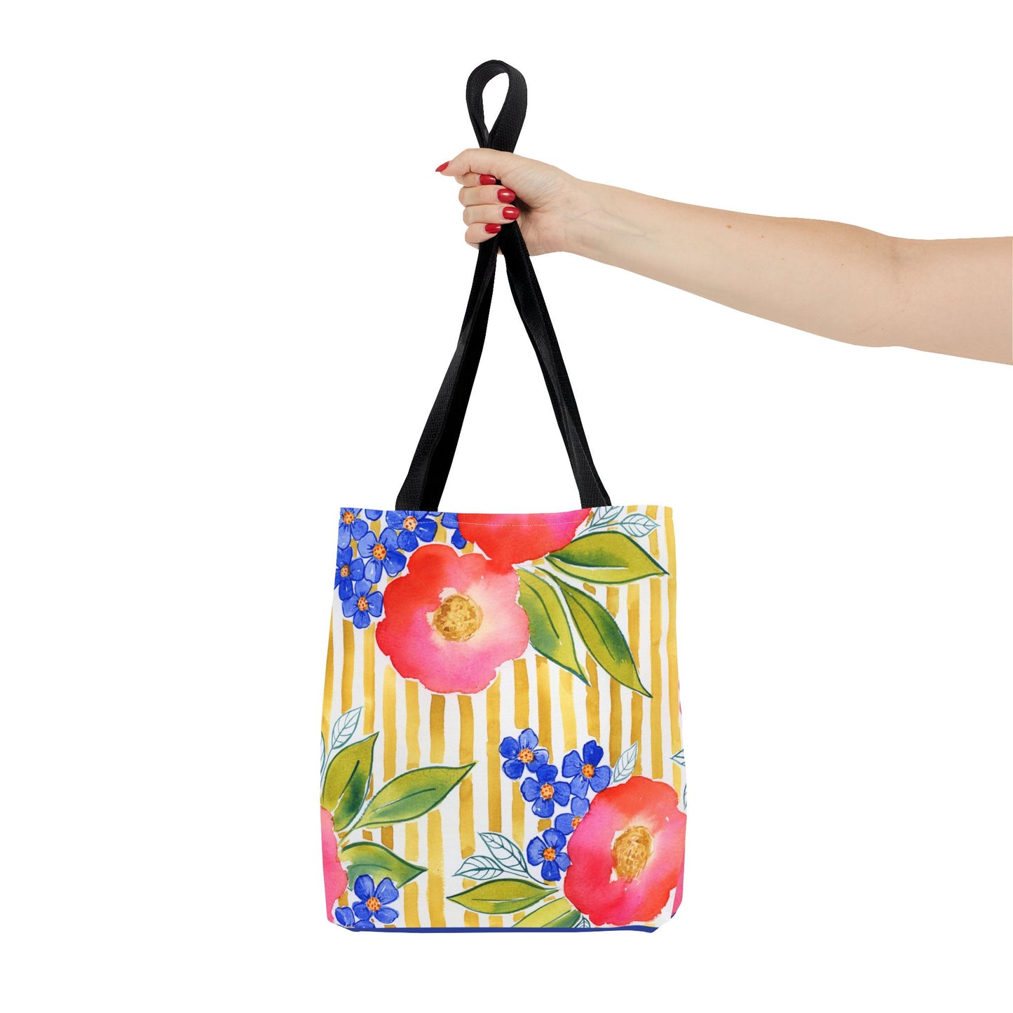 Golden Meadow Floral Striped Tote Bag, Petals & Pinstripe Collection, Golden Yellow Stripe with Pink Flowers Tote Bag
