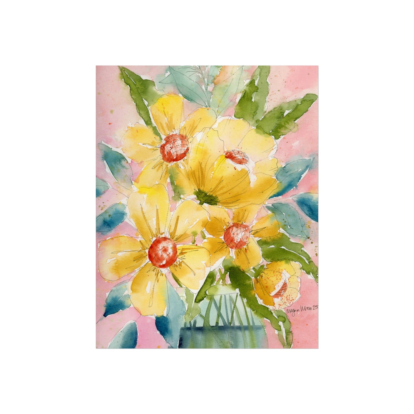 Yellow Floral Watercolor Fine Art Prints, Cheerful Floral Print, Yellow Wall Art
