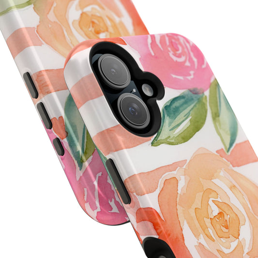 Peachy Keen Magnetic Phone Case, Peach Floral Striped Phone Case, Watercolor Painted Tough Cases