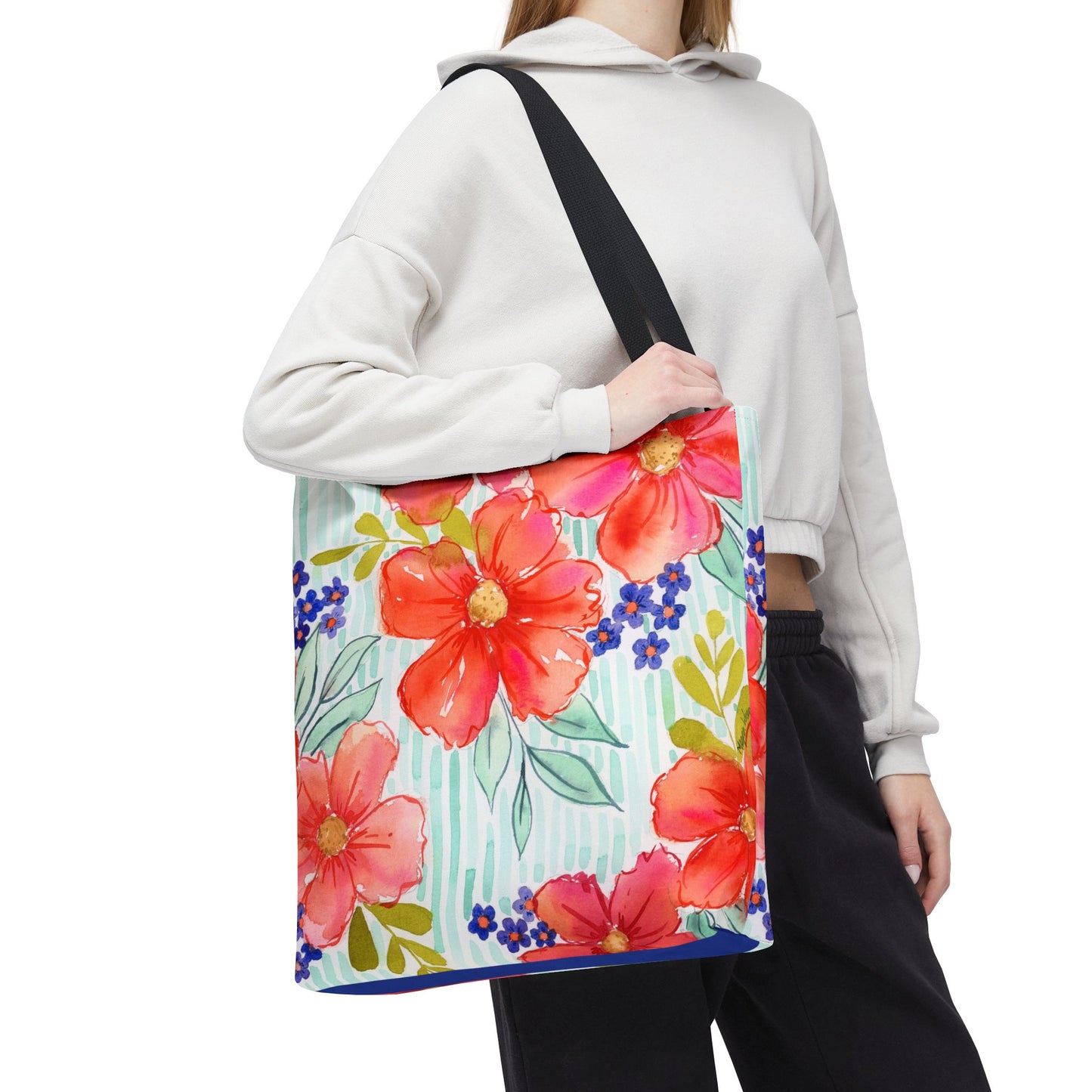 Citrus Splash Floral Striped Tote Bag, Petals & Pinstripe Collection, Orange and Aqua Floral Bag