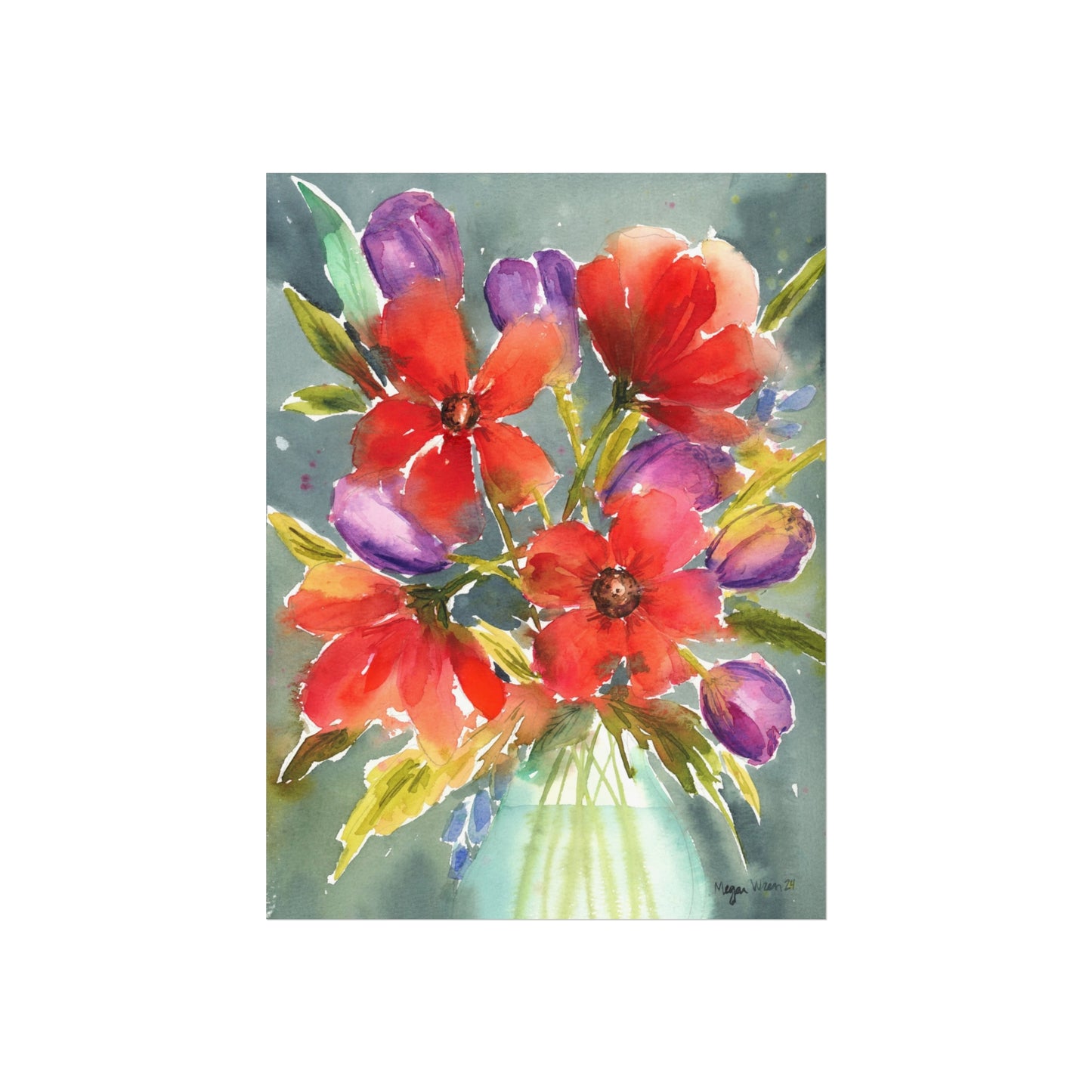 Loose Red Floral Print, Red Floral Watercolor Fine Art Print, Red Flowers with Purple Blooms