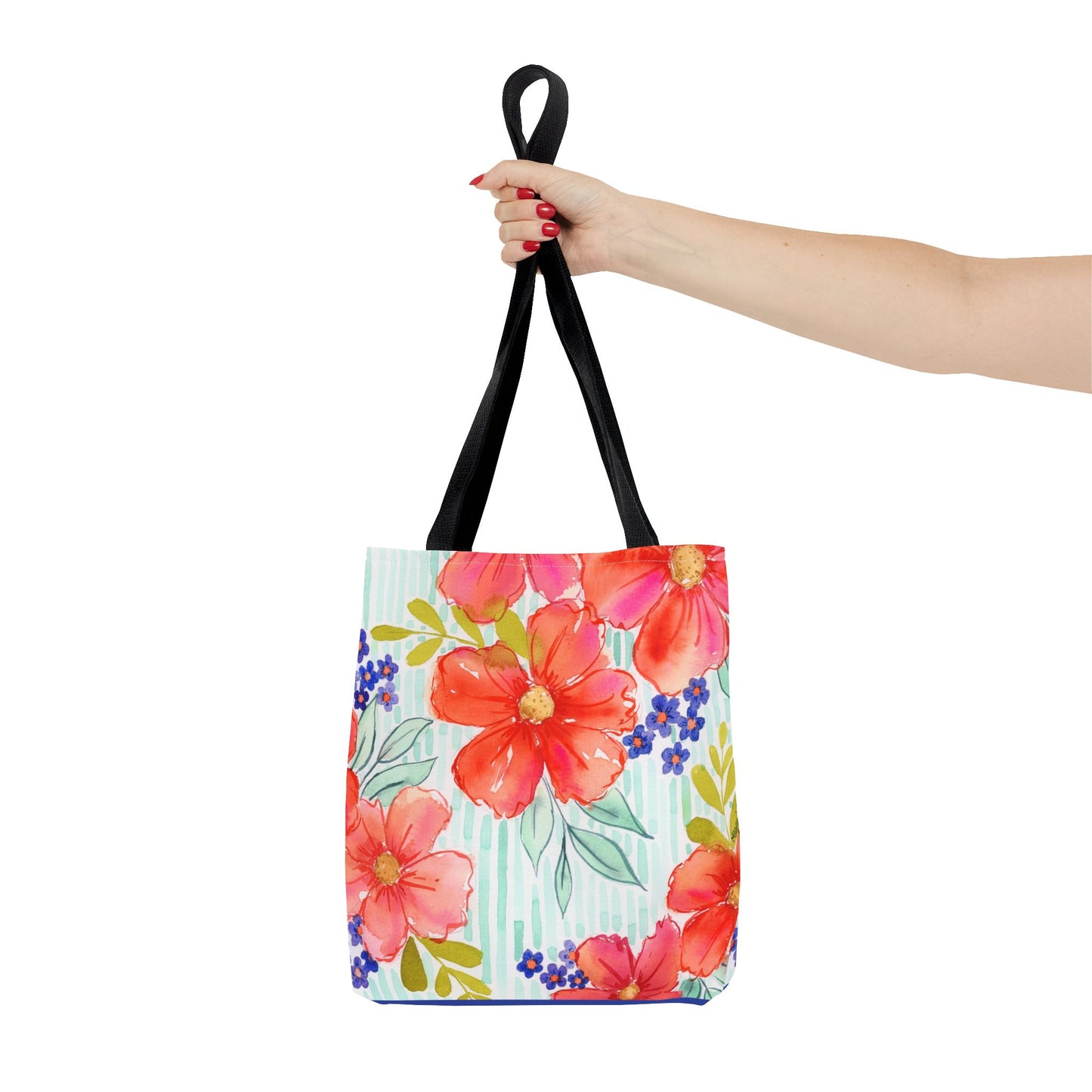Citrus Splash Floral Striped Tote Bag, Petals & Pinstripe Collection, Orange and Aqua Floral Bag