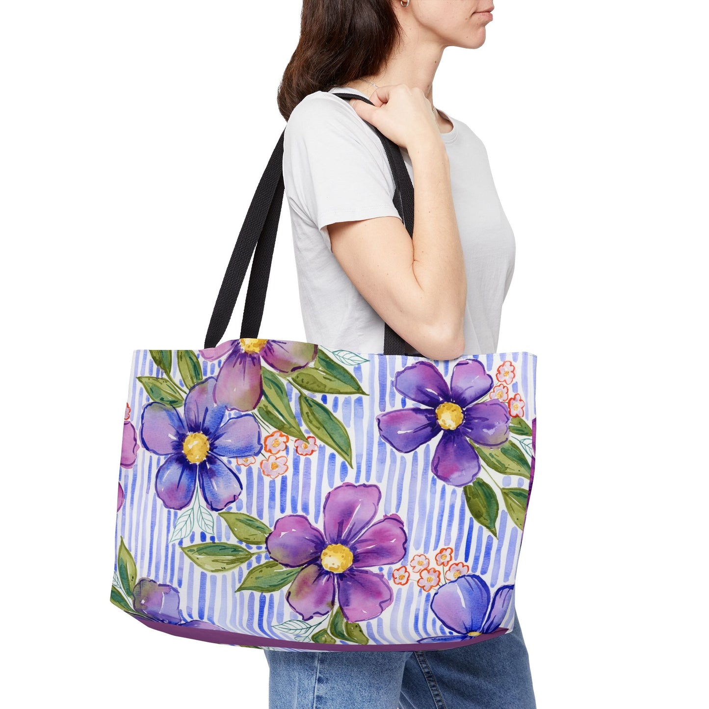 Lavender Lane Weekender Tote, Striped Floral Bloom Watercolor Weekender Tote Bag