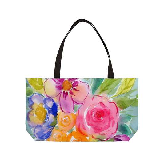 Bright Bold Floral Weekender Tote Bag - Large Watercolor Painted Tote, Great Gift for Mom, Teachers, Graduation - Travel Tote, Collage Bag,