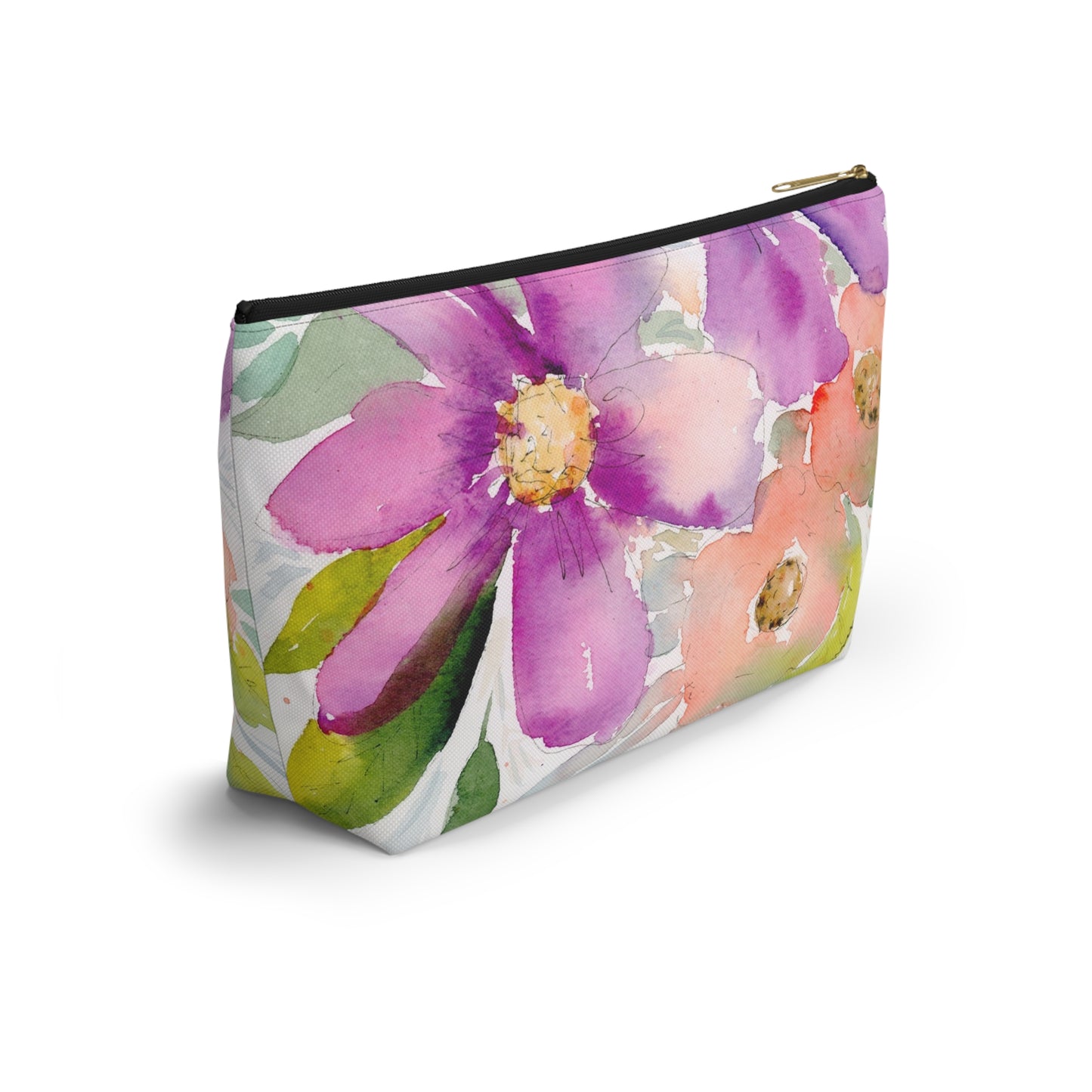 Purple & Peach Flower Zipper Bag, Watercolor Accessory Pouch w T-bottom, Small Zipper Bag for Organization, Makeup Case, School Supplies