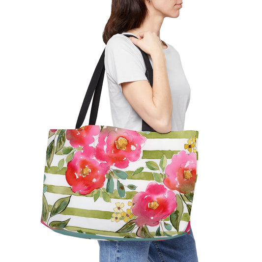 Sweet Pea Weekender Tote Bag, Pink & Green Striped Floral Bloom Weekender Tote