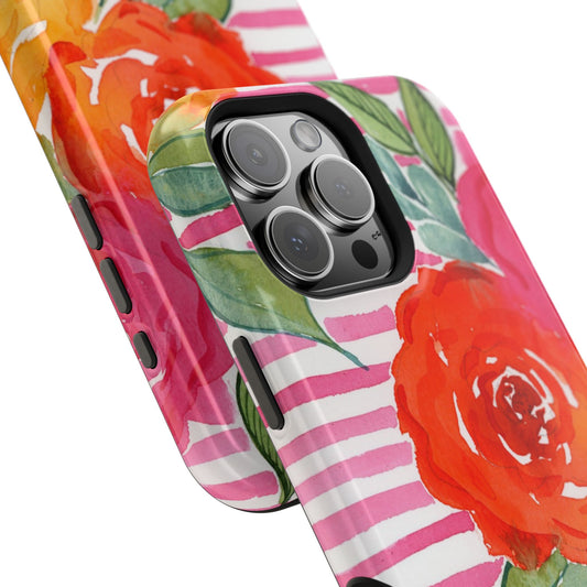 Pink Queen Magnetic Phone Case, Pink Floral Striped Phone Case