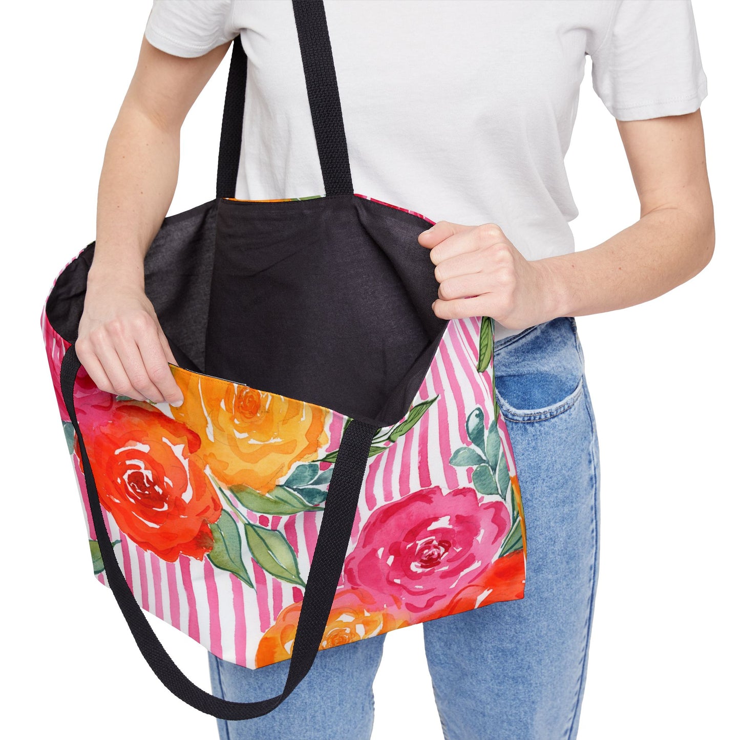 Pink Queen Weekender Tote Bag, Hot Pink Striped Floral Bloom Weekender Tote