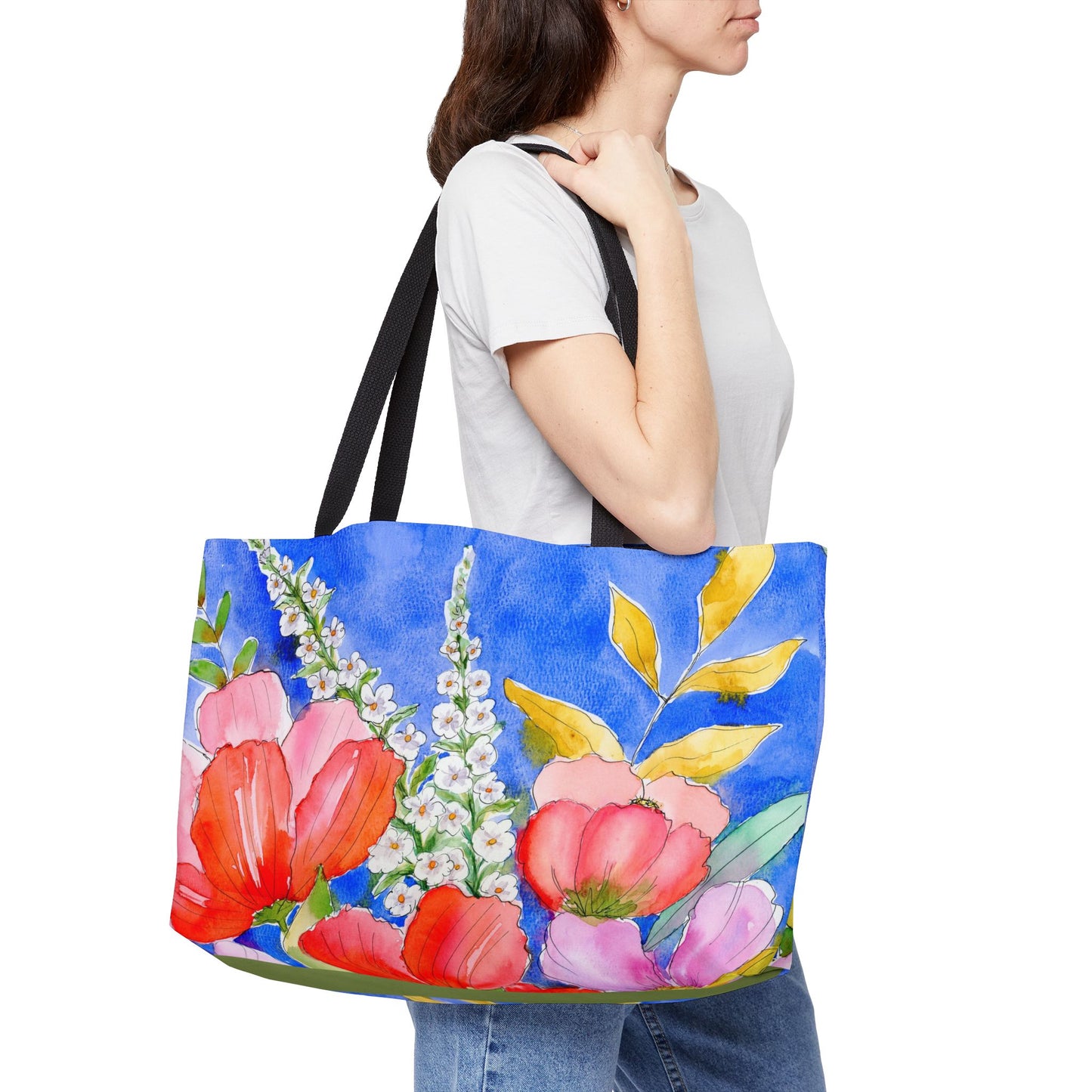 Colorful Floral Weekender Tote Bag - Large Watercolor Painted Tote