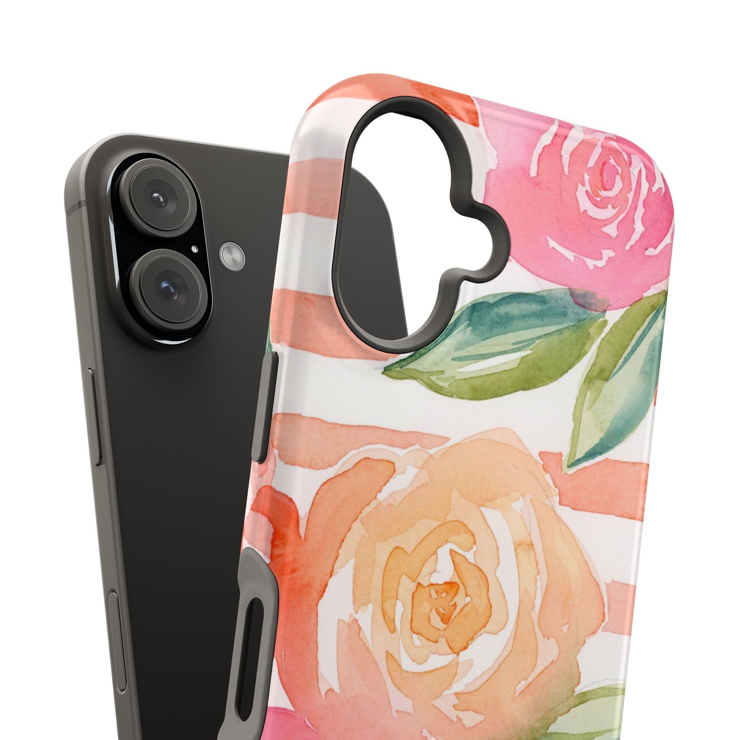 Peachy Keen Magnetic Phone Case, Peach Floral Striped Phone Case, Watercolor Painted Tough Cases