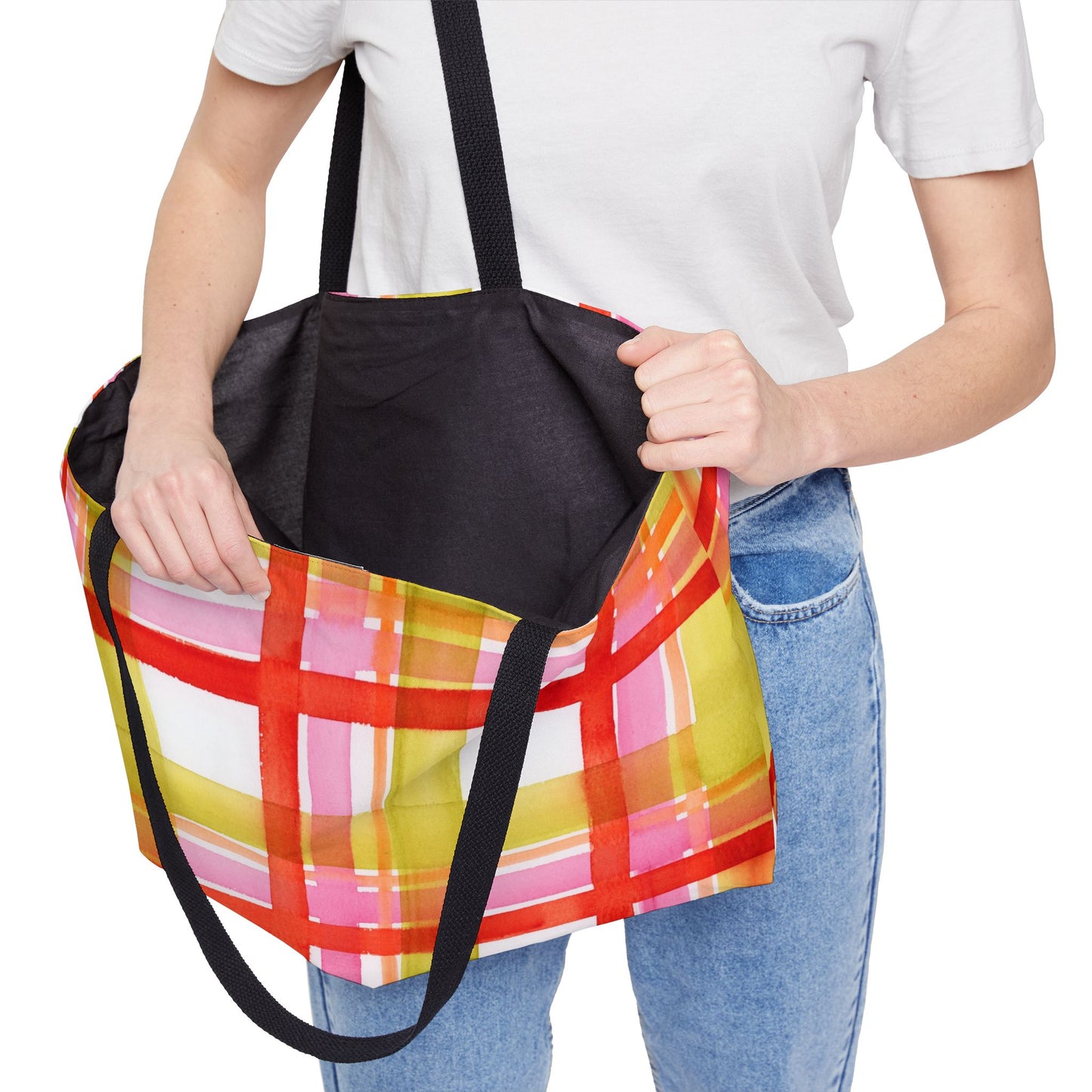 Bright Plaid Weekender Tote Bag - Large Watercolor Painted Tote, Great Gift for Mom, Teachers, Graduation - Travel Tote, Collage Bag,