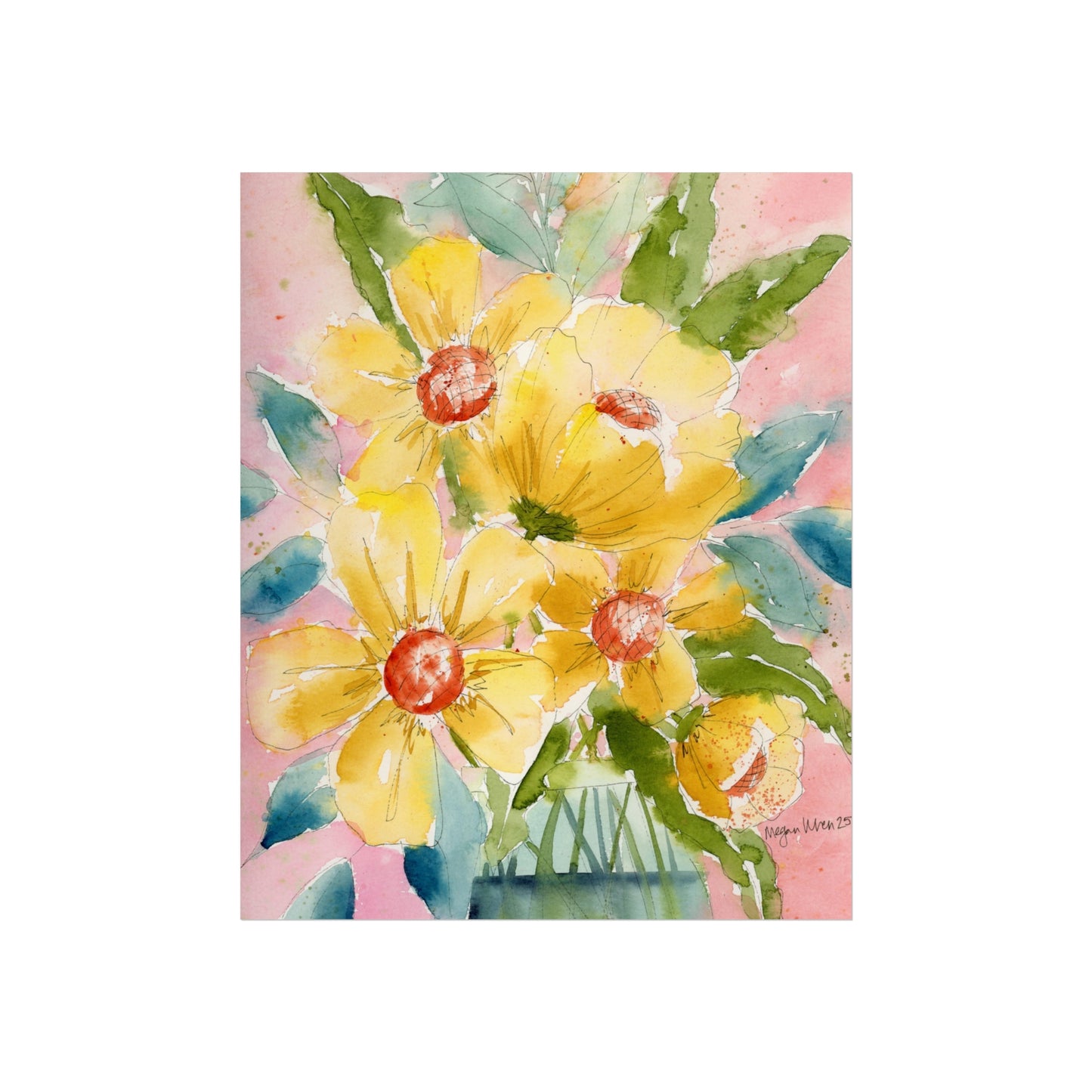Yellow Floral Watercolor Fine Art Prints, Cheerful Floral Print, Yellow Wall Art