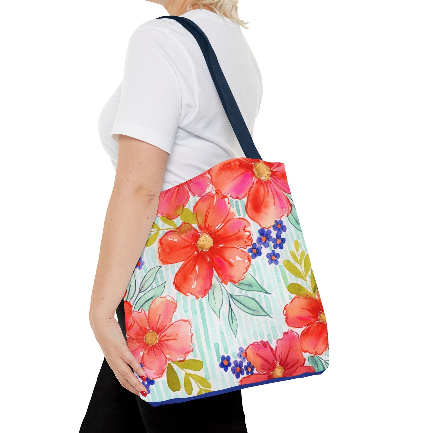 Citrus Splash Floral Striped Tote Bag, Petals & Pinstripe Collection, Orange and Aqua Floral Bag