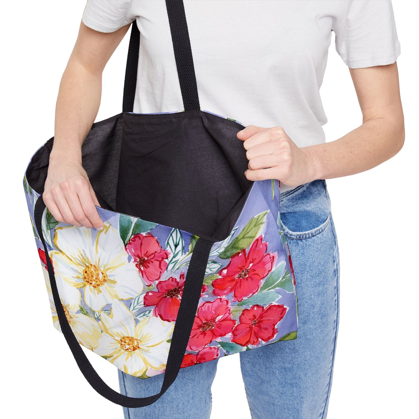 Red, White & Bloom Floral Weekender Tote Bag - Large Watercolor Painted Tote