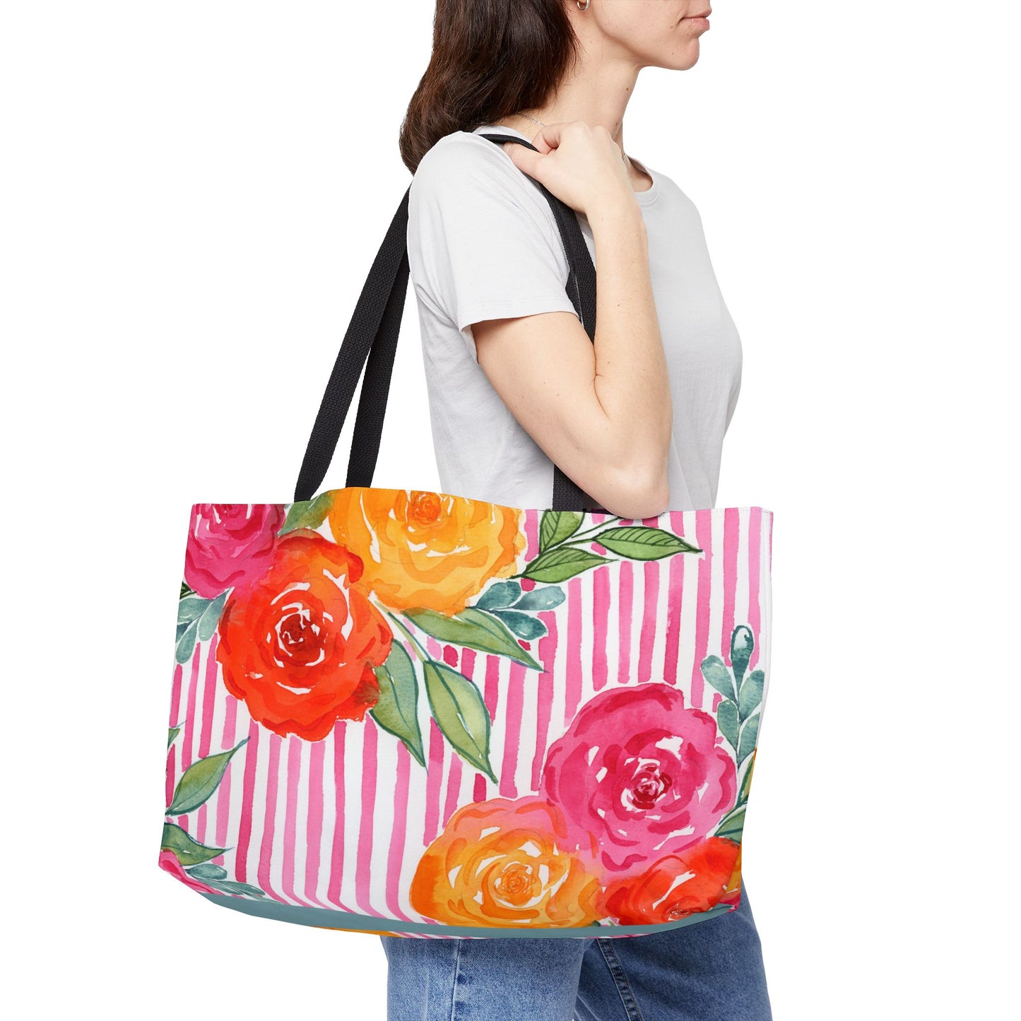 Pink Queen Weekender Tote Bag, Hot Pink Striped Floral Bloom Weekender Tote