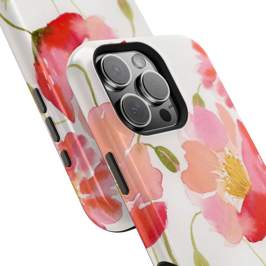 Magnetic Poppy Flower Phone Case, Watercolor Painted Tough Cases