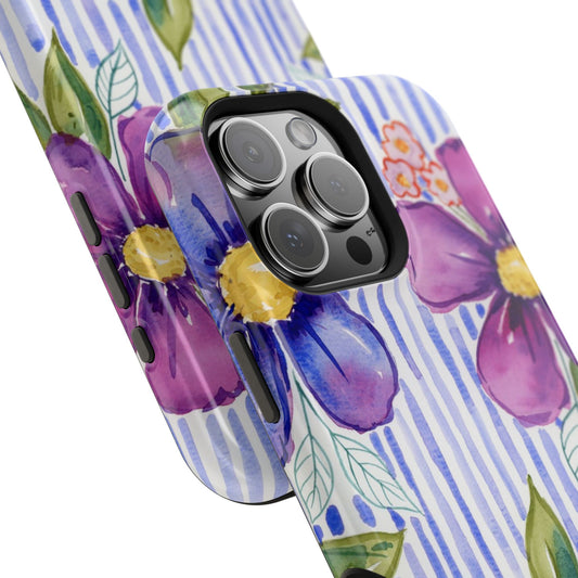 Lavender Lane Magnetic Phone Case, Lavender Blue Striped Floral Magnetic Phone Case