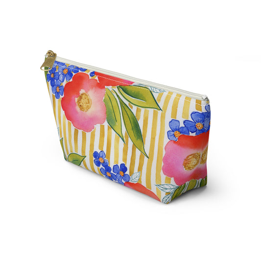 Golden Meadow Zip Pouch, Gold Striped Floral Fun Accessory Pouch w T-Bottom, Petals & Pinstripes
