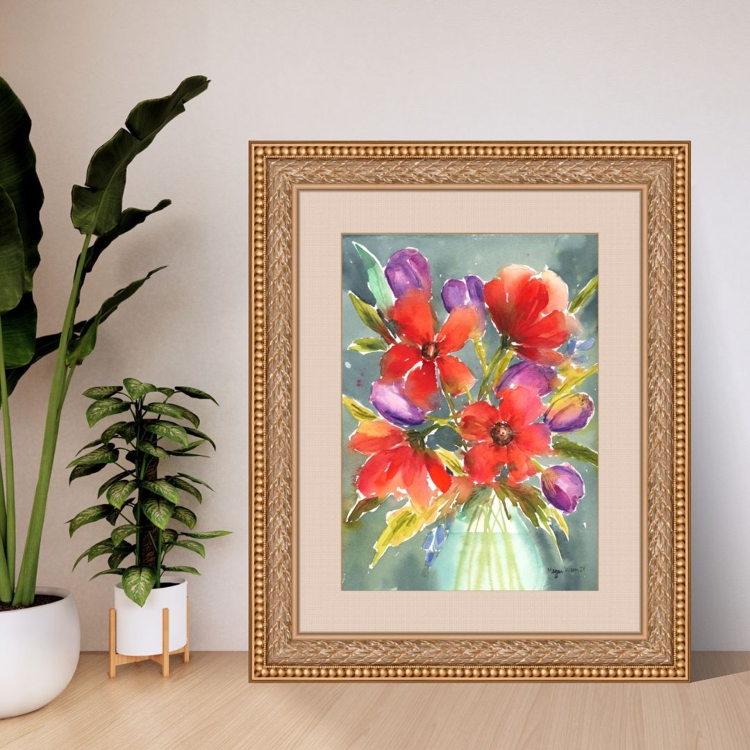 Loose Red Floral Print, Red Floral Watercolor Fine Art Print, Red Flowers with Purple Blooms