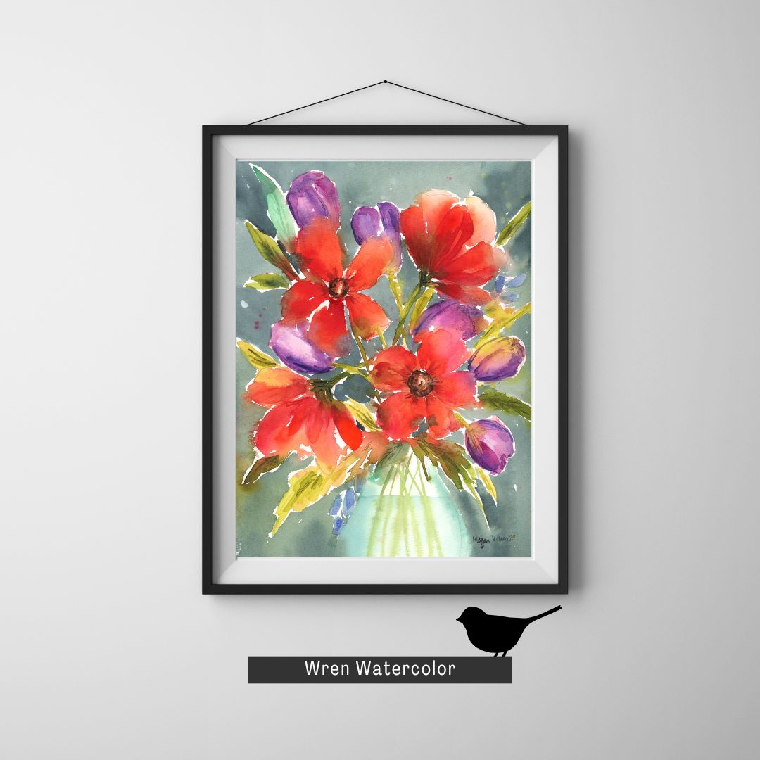 Loose Red Floral Print, Red Floral Watercolor Fine Art Print, Red Flowers with Purple Blooms