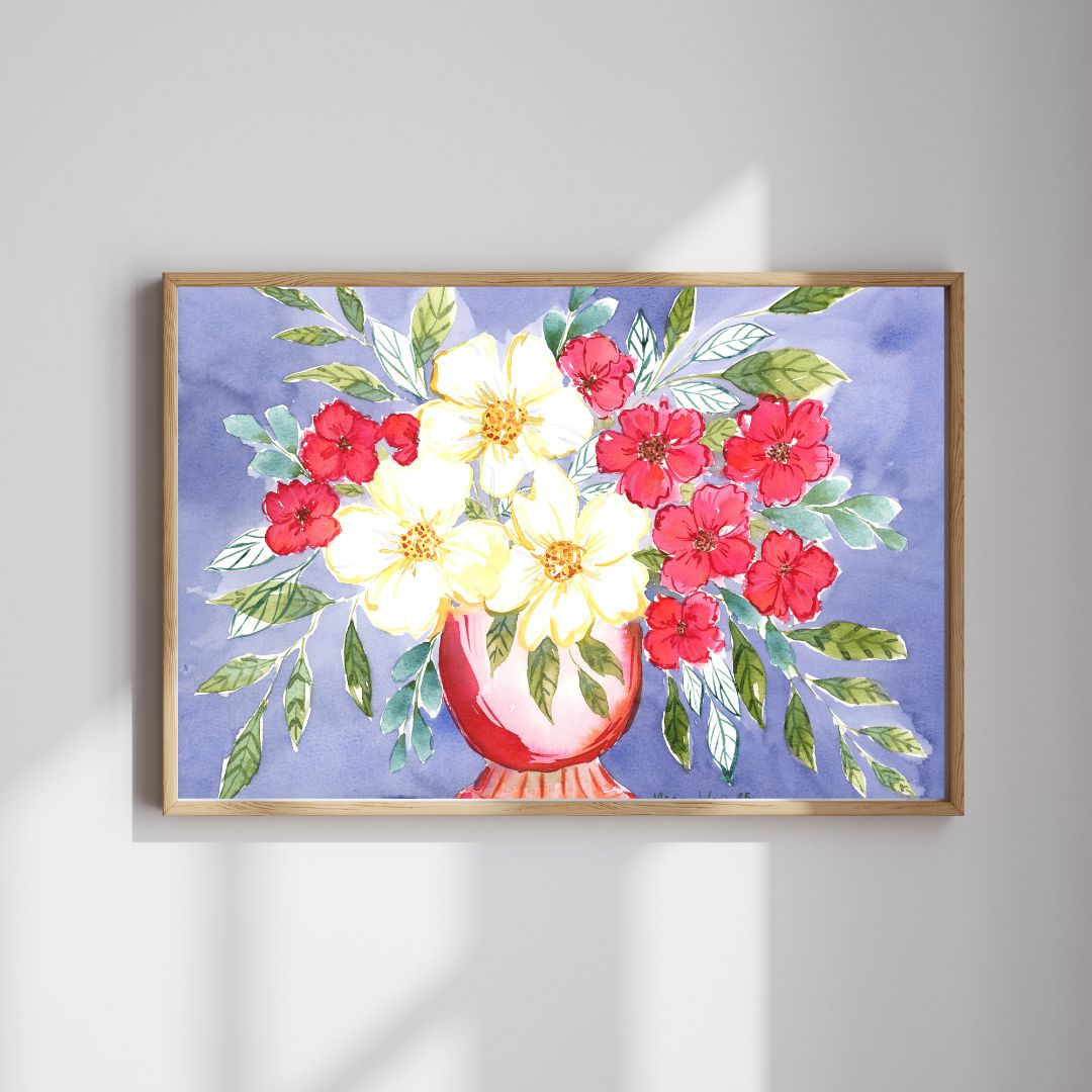 Colorful Bloom Print, White Blooms Watercolor Fine Art Print, Cranberry Color, with Big White Blooms Print