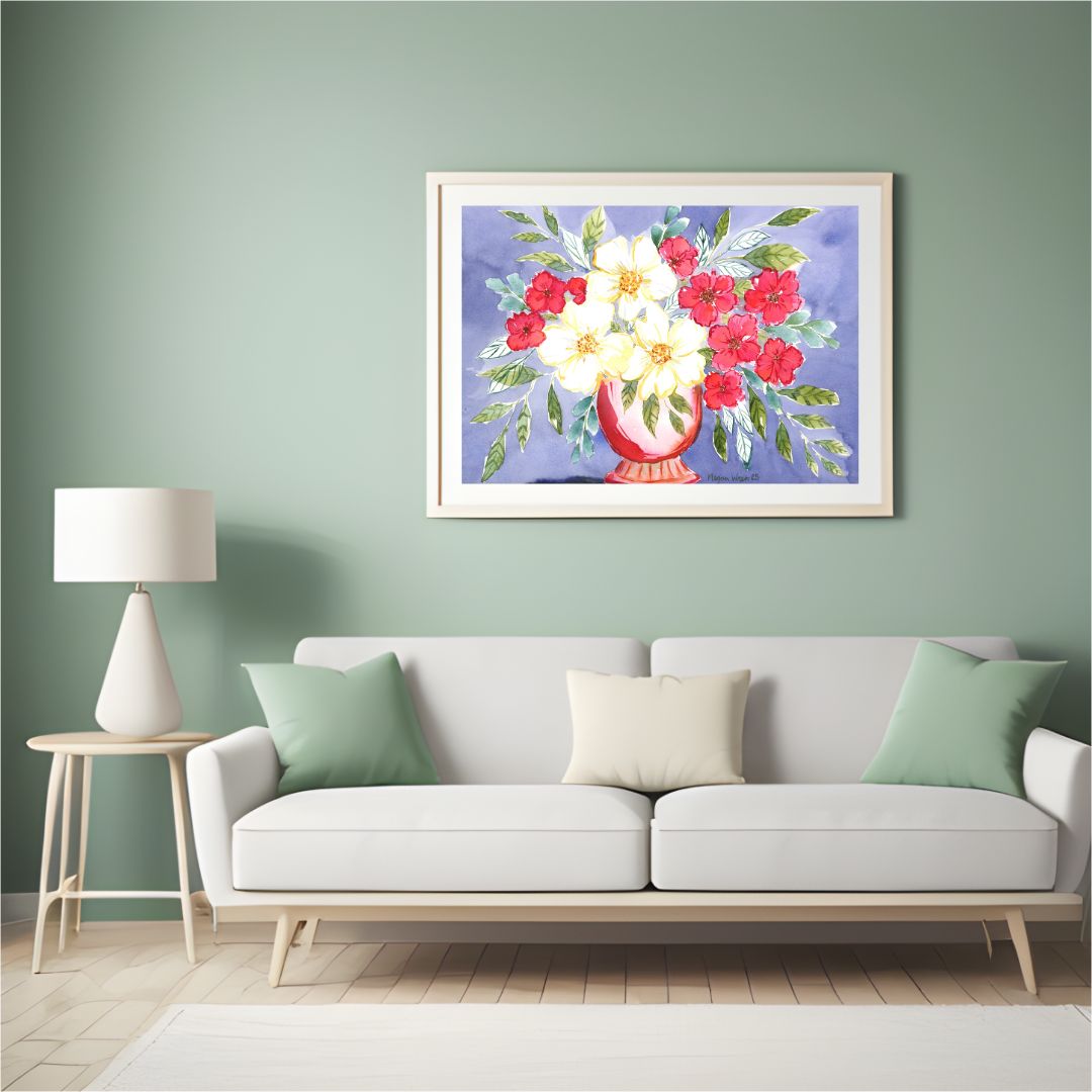 Colorful Bloom Print, White Blooms Watercolor Fine Art Print, Cranberry Color, with Big White Blooms Print