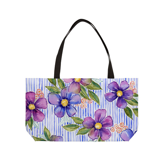 Lavender Lane Weekender Tote, Striped Floral Bloom Watercolor Weekender Tote Bag