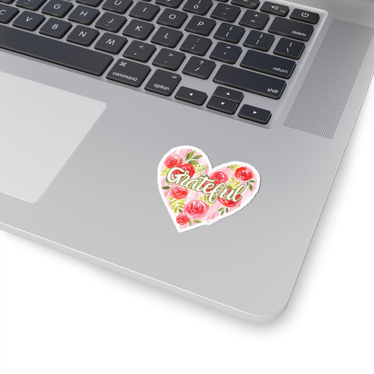 Grateful Red Floral Heart Sticker
