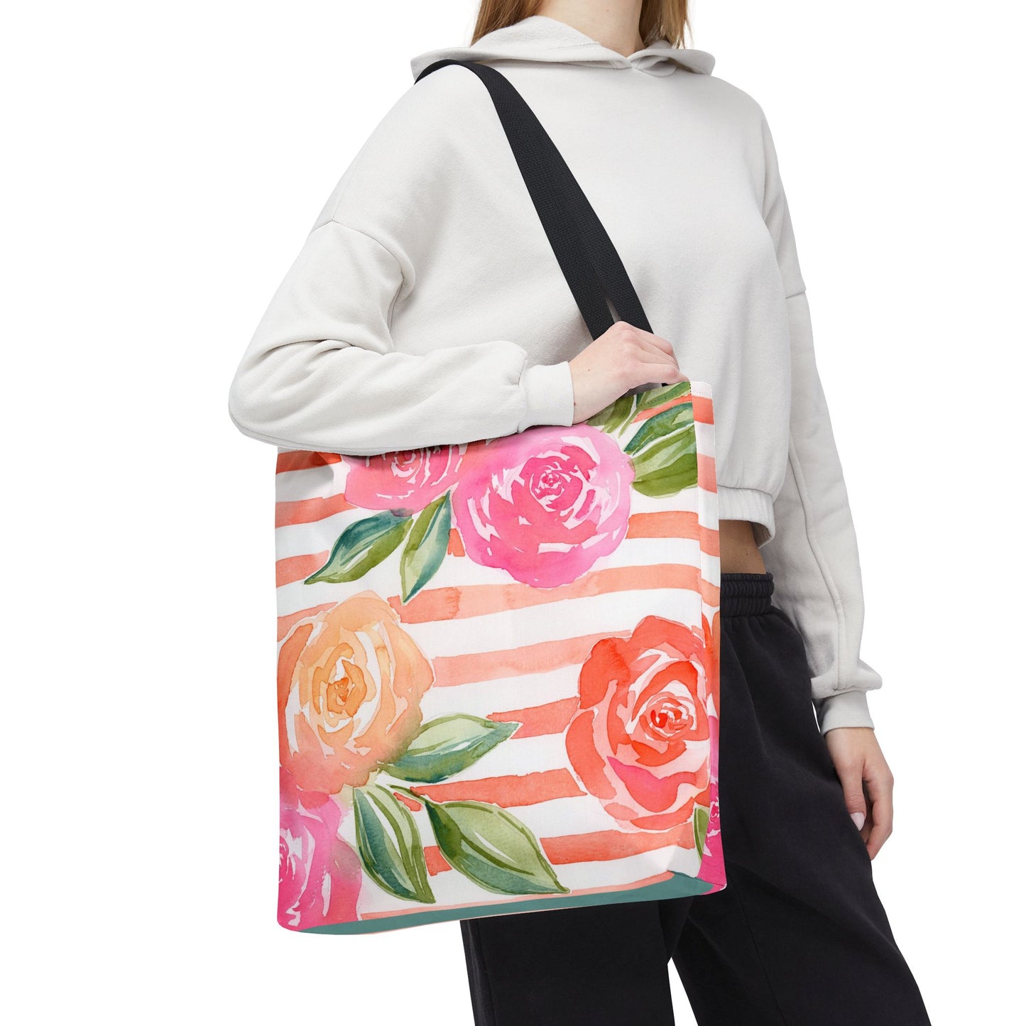 Peachy Keen Floral Striped Tote Bag, Petals & Pinstripe Collection, Peach, Pink, Green Floral Bag