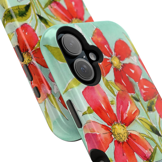 Watercolor Blooms Phone Case, Magnetic Red Flowers in Jar Phone Case