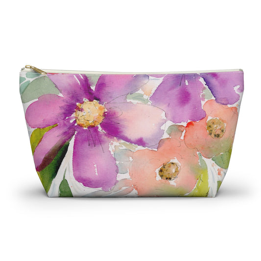 Purple & Peach Flower Zipper Bag, Watercolor Accessory Pouch w T-bottom, Small Zipper Bag for Organization, Makeup Case, School Supplies
