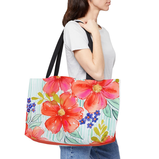 Citrus Splash Weekender Tote Bag, Aqua & Orange Striped Floral Bloom Weekender Tote