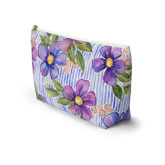 Lavender Lane Zip Pouch, Lavender Blue Accessory Pouch, Part of the Petals & Pinstripe Collection
