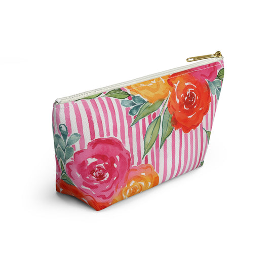 Pink Queen Pouch, Hot Pink Floral Zip Pouch, Part of the Petals & Pinstripe Collection